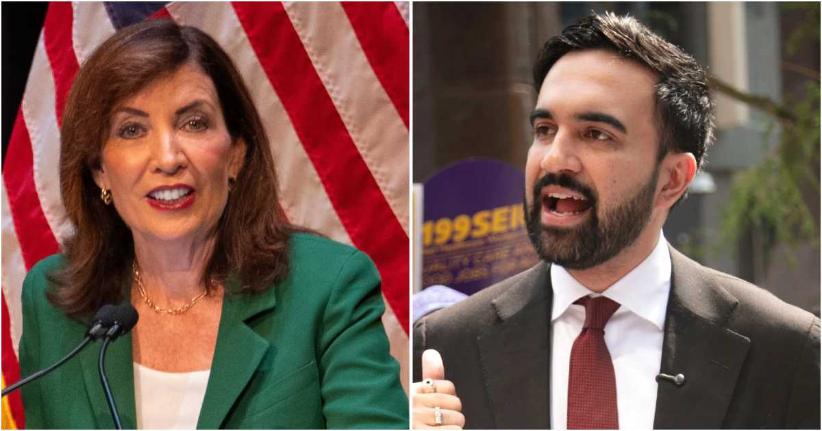 নিউ ইয়র্ক গভর্নর ক্যাথি হোকুল ও ডেমোক্র্যাটিক পার্টির মেয়র পদপ্রার্থী জোরান মামদানি। কোলাজ: ক্রেইন’স নিউ ইয়র্ক বিজনেস